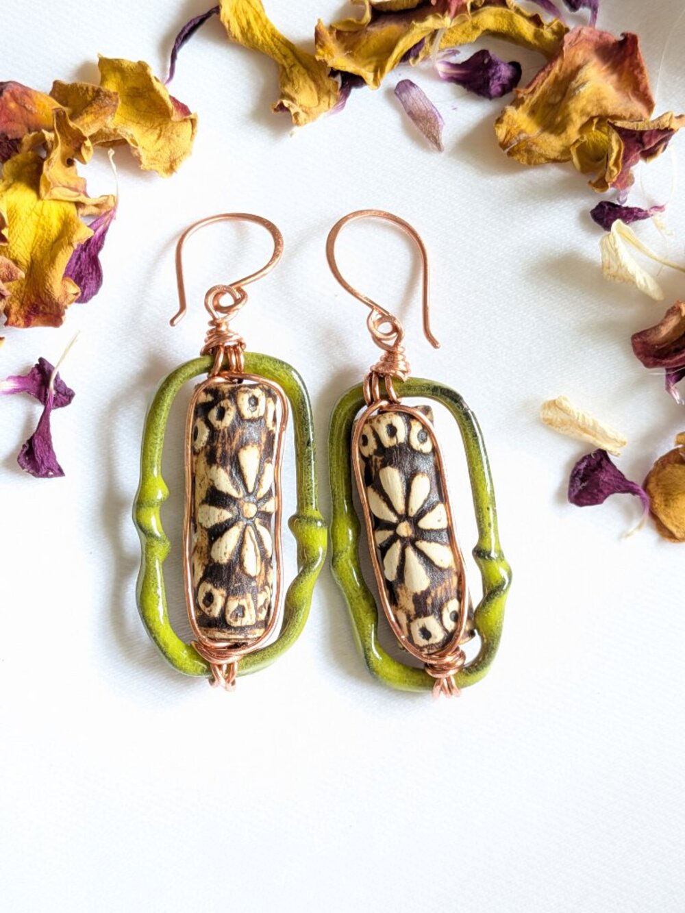 Earthy Woodland Floral Earrings with Enameled Copper Hoops - Picture 10 of 10